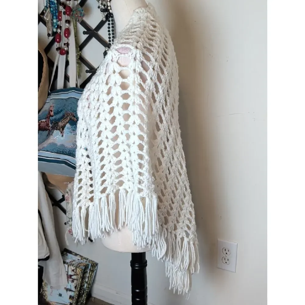 Vintage Handmade Crochet Fringe Shawl Cottagecore Prairie Festival Wrap